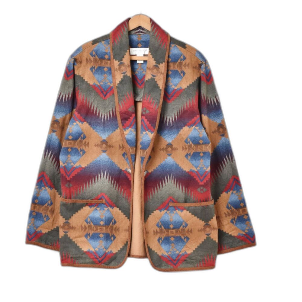 Vintage Jones New York Sport Aztec Western Print Coat Brushed Denim Size Large